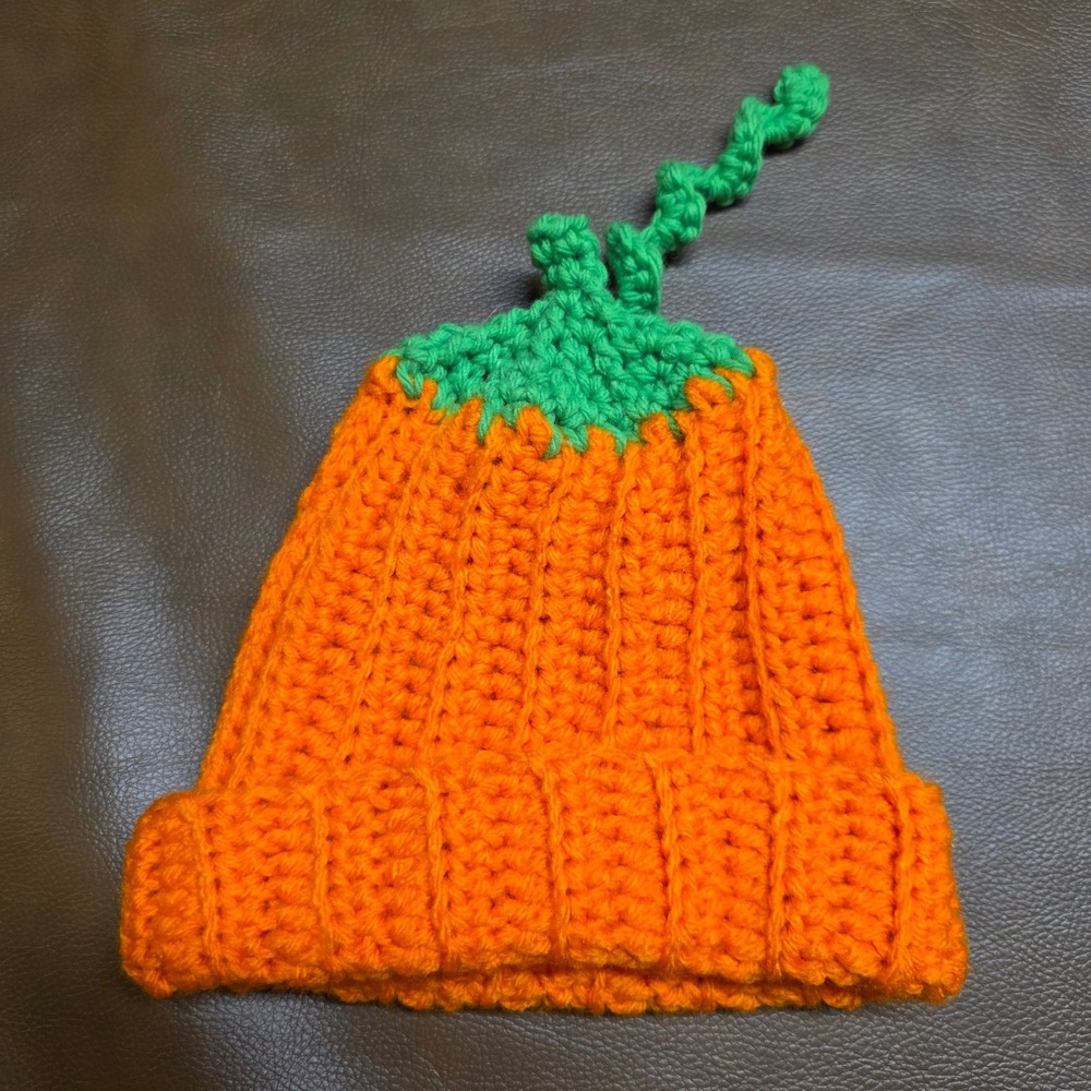 Handmade Crochet Pumpkin Beanie Orange Green Stem Fall Halloween Baby Hat